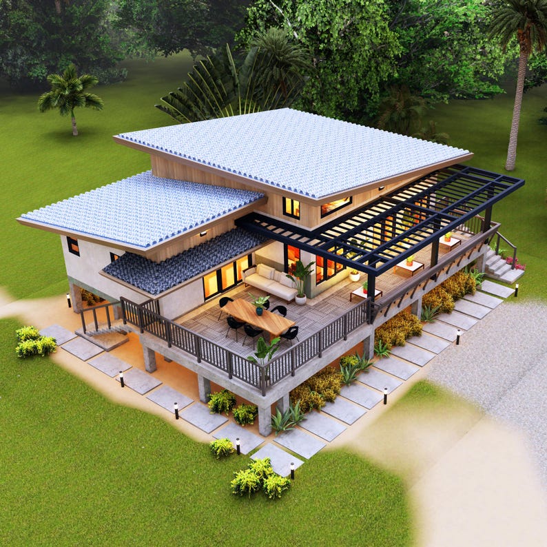 Op de afbeelding: Een modern, twee verdiepingen tellend huis met een groot terras en een pergola. Het huis heeft een lichtblauw dak en witte muren. Het terras is van hout en heeft een railing. De pergola is van hout en heeft een zwart metalen dak.