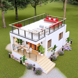 May include: A modern, two-story white house with a rooftop deck featuring a red sofa, table, and chairs. The house has a balcony, stairs, and is surrounded by greenery and landscaping. The rooftop has a metal railing.