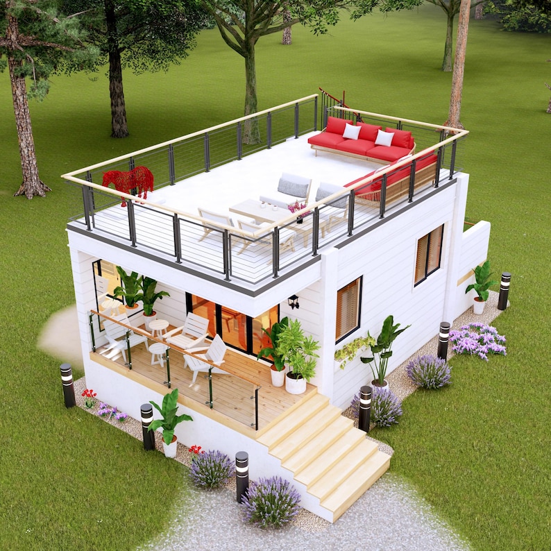 May include: A modern, two-story white house with a rooftop deck featuring a red sofa, table, and chairs. The house has a balcony, stairs, and is surrounded by greenery and landscaping. The rooftop has a metal railing.