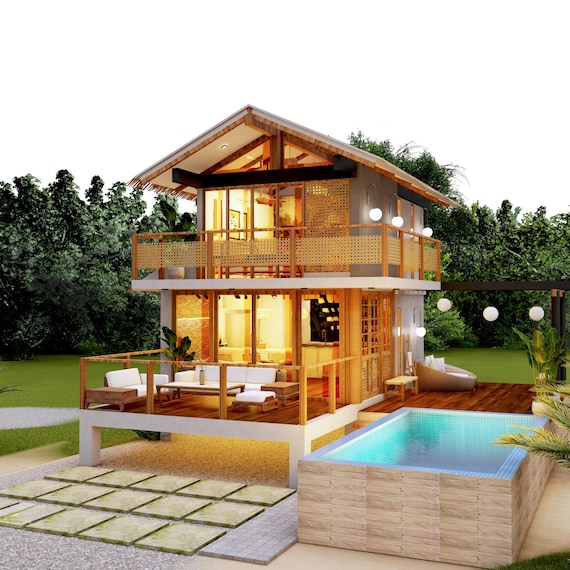 H00370| Simple TROPICAL House DESIGN | 1 BEDROOM | Instant