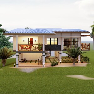 May include: A white two-story house with a blue roof and a spiral staircase on the side. The house has a balcony on the second floor and a patio on the ground floor. The house is surrounded by green grass and palm trees.