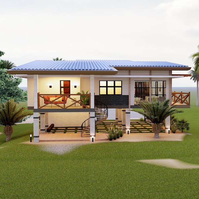 May include: A white two-story house with a blue roof and a spiral staircase on the side. The house has a balcony on the second floor and a patio on the ground floor. The house is surrounded by green grass and palm trees.