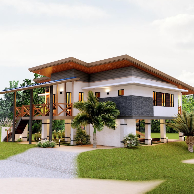 May include: A modern, two-story house with a white exterior, a wooden deck, and a gray stone accent wall. The house has a large, covered porch and a grassy lawn.