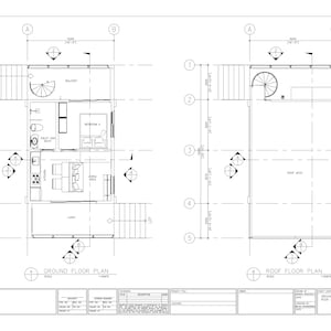 May include: Architectural floor plan blueprint with ground floor and roof deck layouts. The ground floor plan includes a kitchen, living area, bedroom, and bathroom. The roof deck plan shows an open space. Measurements are in feet.