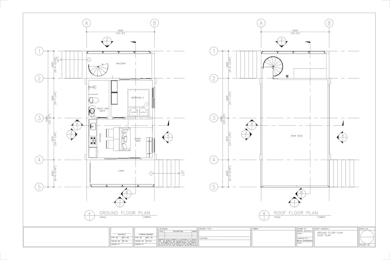 May include: Architectural floor plan blueprint with ground floor and roof deck layouts. The ground floor plan includes a kitchen, living area, bedroom, and bathroom. The roof deck plan shows an open space. Measurements are in feet.