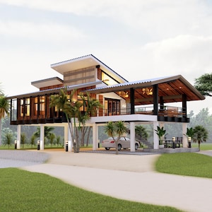 以下が含まれることがあります： 木製の外壁と大きな屋根付きパティオを持つ、モダンな2階建ての家。家は杭の上に建てられており、車道に車が駐車されています。