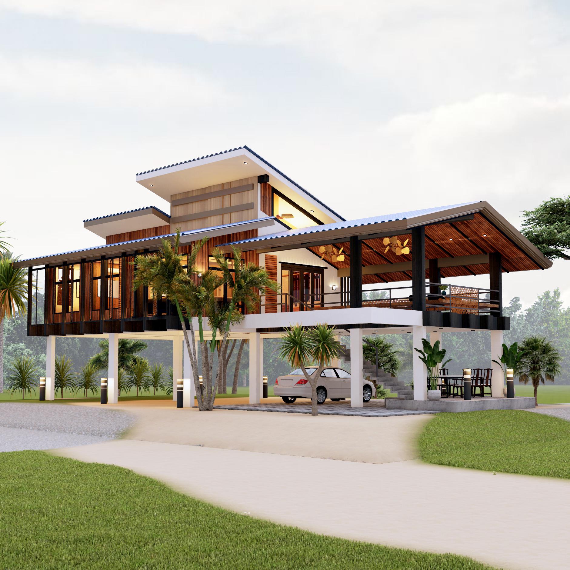 H00349| Blueprint Tropical House Plan, Elevated House| 3 Bedroom With 2 ...