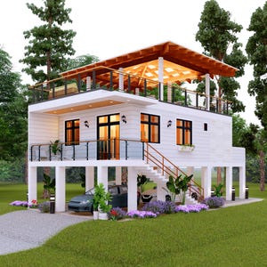 Può includere: Una casa bianca a due piani con tetto in legno e balcone. La casa è rialzata su pilastri, con un'auto parcheggiata sotto. L'esterno presenta ringhiere in vetro, infissi neri e una scala che conduce all'ingresso. Il paesaggio comprende alberi e fiori.