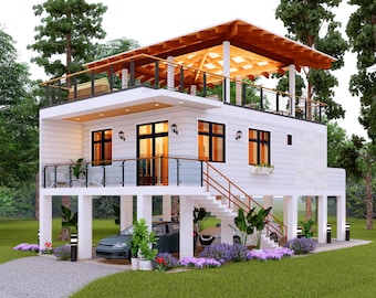 Moderne 3 Schlafzimmer Haus mit Dach Deck | 7 x 14 m Grundriss (PDF Download)