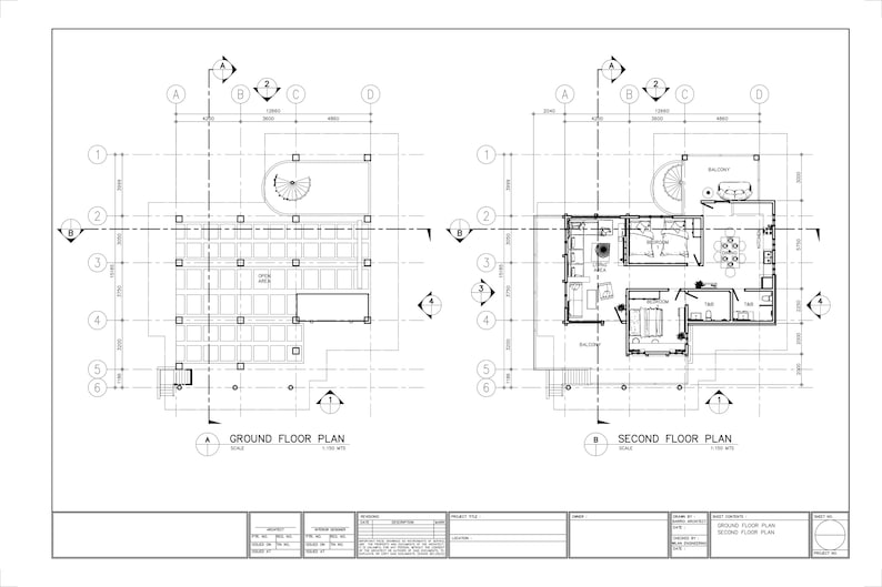 May include: Black and white architectural blueprint of a two-story house plan. The ground floor plan shows a large open space with a pool and a spiral staircase. The second floor plan shows a living room, kitchen, and bedrooms.