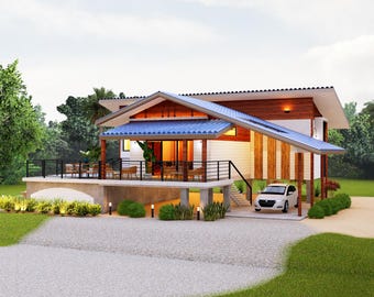 15 x 14 m Modernes Haus Plan | 2 Schlafzimmer Tropisches Erhöhtes Haus | Grundriss als PDF Download