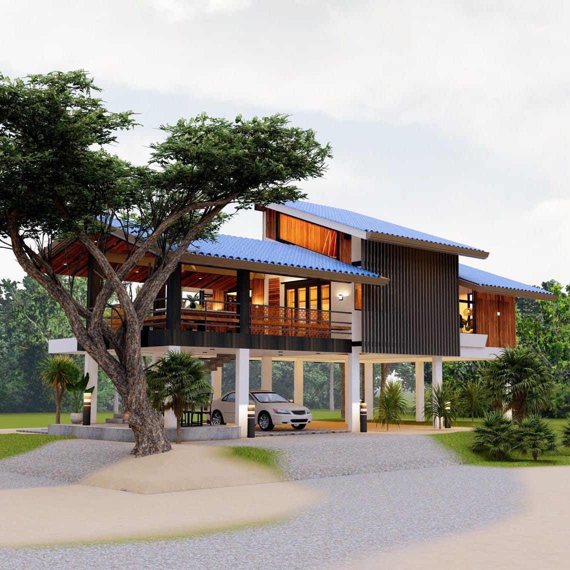 H00349| Blueprint Tropical House Plan, Elevated House| 3 Bedroom With 2 ...