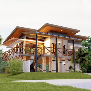 May include: A modern, two-story house with a wooden deck and a staircase leading up to the second floor. The house is painted white with brown accents and has a large, open porch.