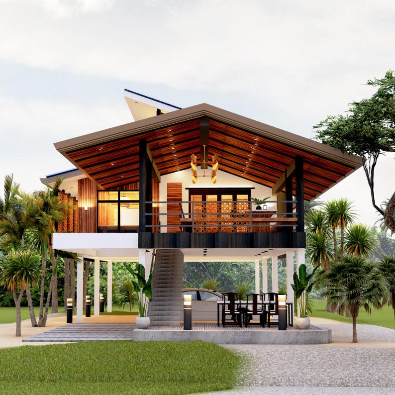 H00349| Blueprint Tropical House Plan, Elevated House| 3 Bedroom With 2 ...