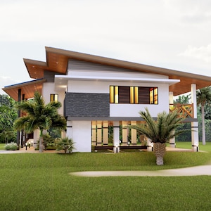 May include: A modern, two-story house with a white exterior and a gray stone accent wall. The house has a large, open porch with wooden railings and a view of a lush green lawn.