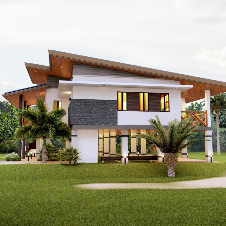 May include: A modern, two-story house with a white exterior and a gray stone accent wall. The house has a large, open porch with wooden railings and a view of a lush green lawn.