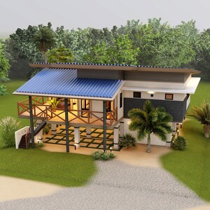 May include: A white and gray two-story house with a blue roof. The house is built on stilts and has a wooden deck. There are palm trees and green grass in the yard.