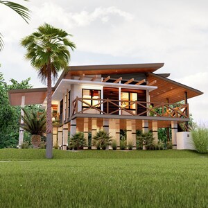 May include: A modern, two-story house with a wooden deck and a large, covered patio. The house is painted white with brown accents and has a green lawn.