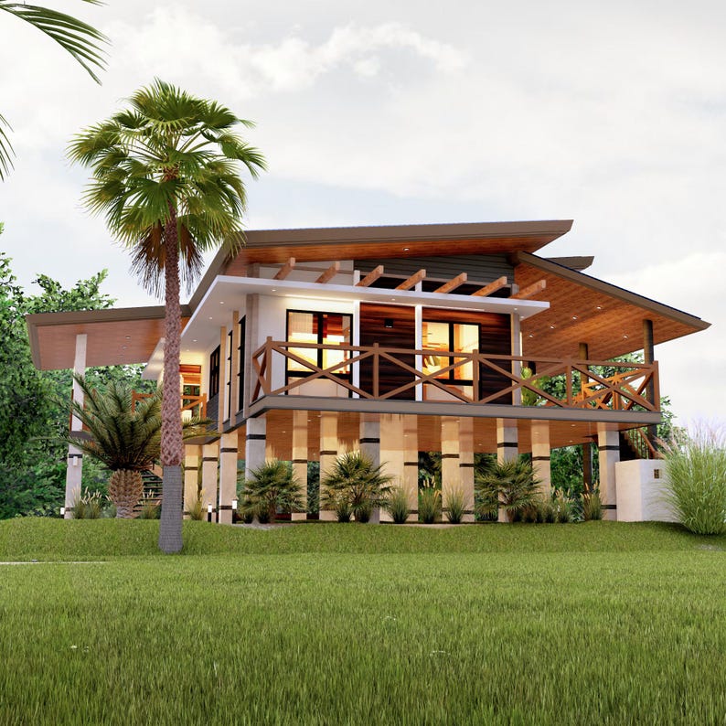 May include: A modern, two-story house with a wooden deck and a large, covered patio. The house is painted white with brown accents and has a green lawn.
