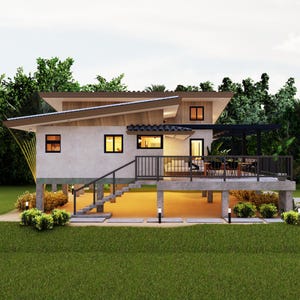 Op de afbeelding: Een modern, eenlaags huis met een lichtgrijze buitenkant en een houten dak. Het huis heeft grote ramen en een overdekt terras met een railing. Het huis is gebouwd op palen en heeft een trap die naar het terras leidt.