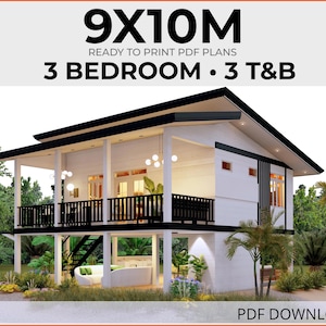 May include: A two-storey white house with a black roof and accents. The house features a balcony with black railings and a staircase. Text on the image reads "9X10M", "3 BEDROOM • 3 T&B", and "PDF DOWNLOAD". The dimensions are 9 meters by 10 meters.