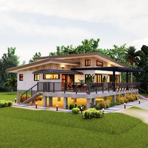 Op de afbeelding: Een modern, eenlaags huis met een groot terras en een witte buitenkant. Het huis heeft een houten dak en grote ramen. Het huis is omgeven door weelderig groen gras en bomen.