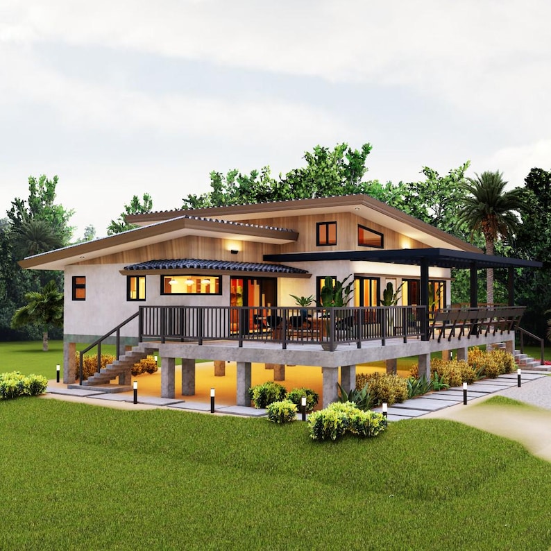 Op de afbeelding: Een modern, eenlaags huis met een groot terras en een witte buitenkant. Het huis heeft een houten dak en grote ramen. Het huis is omgeven door weelderig groen gras en bomen.