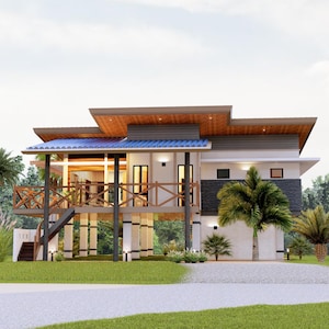May include: A white two-story house with a blue roof and wooden railings on a raised platform. The house has a large front porch with a wooden staircase leading up to it. There are palm trees and green grass in the yard.
