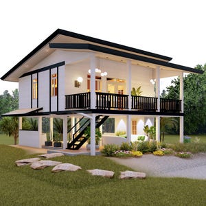 Puede incluir: Una casa blanca de dos pisos con techo y molduras negras. La casa tiene un porche envolvente con barandilla negra y una escalera que conduce al segundo piso. El paisajismo incluye césped, plantas y piedras.