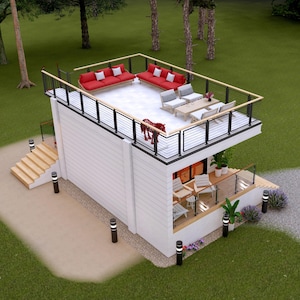 May include: A modern, two-story white building with a rooftop deck featuring red sofas and white cushions. The deck has a black railing and a small table with chairs. The lower level has a small deck with chairs and plants.