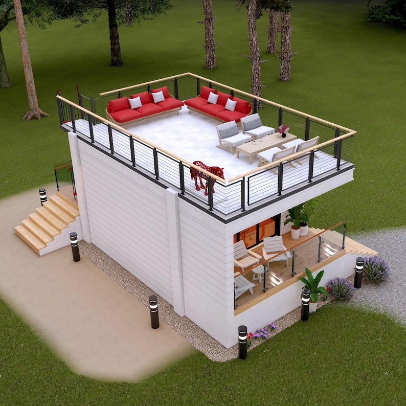 May include: A modern, two-story white building with a rooftop deck featuring red sofas and white cushions. The deck has a black railing and a small table with chairs. The lower level has a small deck with chairs and plants.