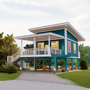 May include: A teal elevated house with white trim, a flat roof, and a front porch featuring a white railing. A staircase leads up to the porch, while the ground level provides an open-air space with seating, supported by teal pillars.
