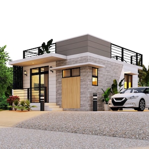 Può includere: Una casa moderna a due piani con tetto piano, facciata in pietra e porta in legno. La casa ha una ringhiera nera e un piccolo balcone. Un'auto bianca è parcheggiata di fronte. Il paesaggio comprende piante e un vialetto di ghiaia.