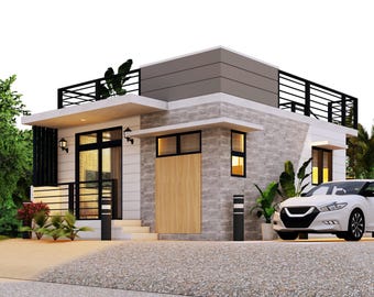 Modernes kleines Haus - Grundriss mit Dachdecker: 2 Schlafzimmer, 1 Bad (PDF & Autocad, 6 x 9 m)
