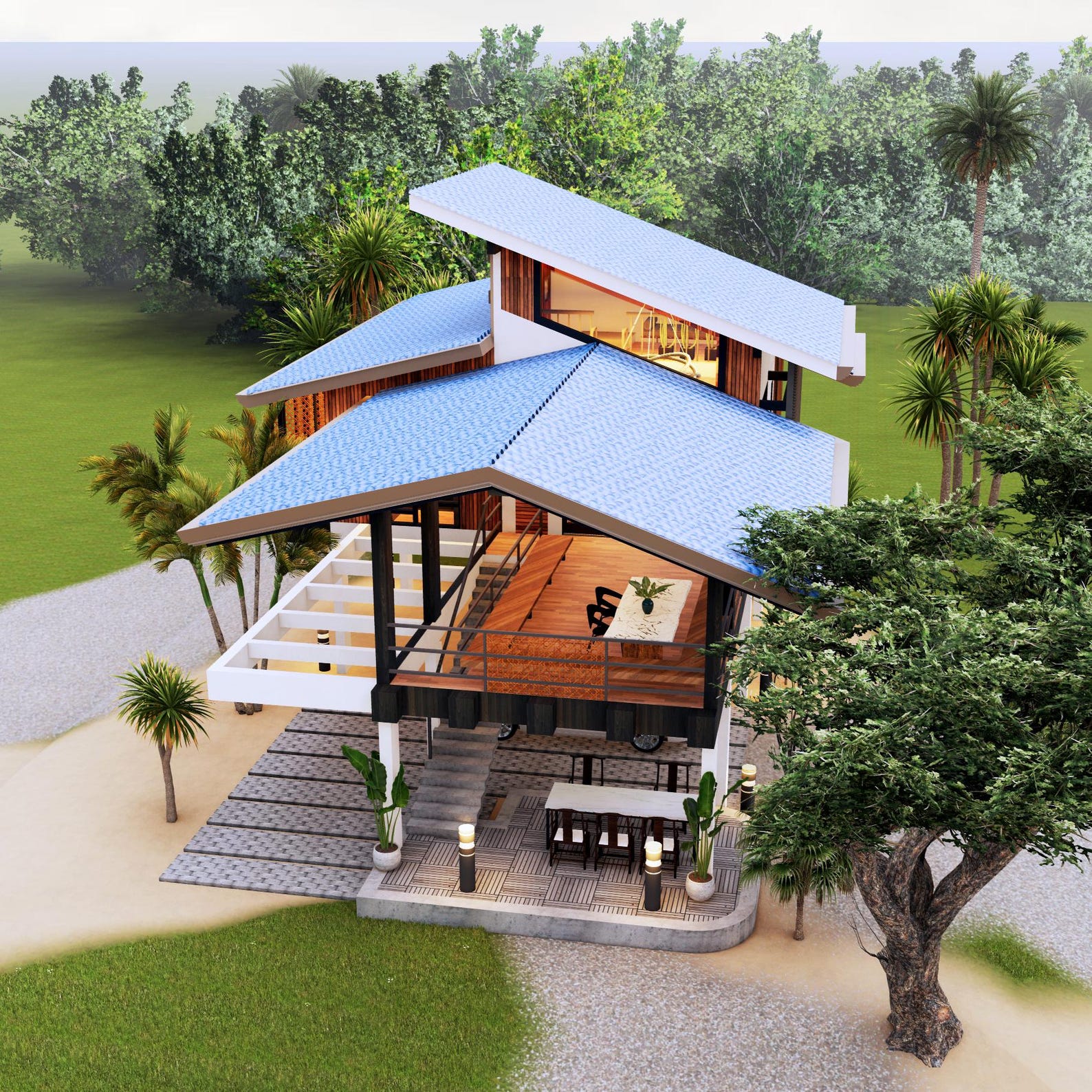 H00349| Blueprint Tropical House Plan, Elevated House| 3 Bedroom With 2 ...