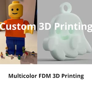 May include: A large, custom-made, 3D printed LEGO minifigure stands on a table with smaller LEGO minifigures. The minifigure is wearing a red shirt and blue trousers. The text "Custom 3D Printing" is visible in the image. A white 3D printed ghost is shown in the background.