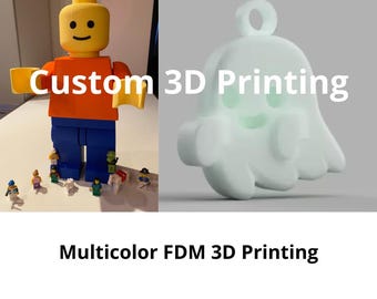 May include: A large, custom-made, 3D printed LEGO minifigure stands on a table with smaller LEGO minifigures. The minifigure is wearing a red shirt and blue trousers. The text "Custom 3D Printing" is visible in the image. A white 3D printed ghost is shown in the background.