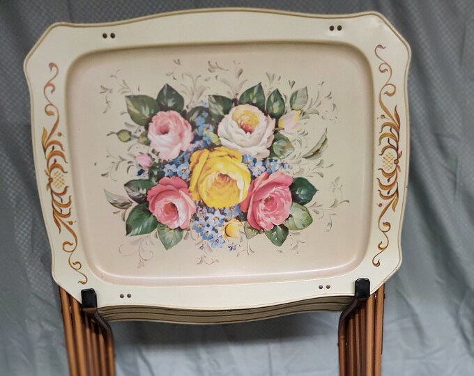 Set of 4 Vintage Caldak Floral Metal TV Dinner Trays With Stand Etsy