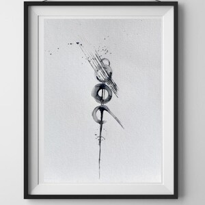 May include: Black and white abstract watercolor painting with a framed design. The painting features a series of circles and lines, creating a dynamic and energetic composition.
