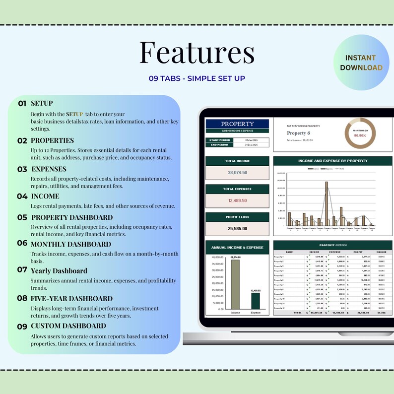 May include: A digital dashboard with a teal and white design, showcasing financial data. The screen displays charts, graphs, and tables related to property management, including income, expenses, and property details. Text on the screen includes "Features" and "Instant Download."