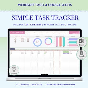 以下が含まれることがあります： 「SIMPLE TASK TRACKER」と「MICROSOFT EXCEL & GOOGLE SHEETS」のテキストが表示された、タスクトラッカーのスプレッドシートを表示するラップトップ。画面にはデータの視覚化とカレンダーが表示されています。ExcelとGoogle Sheetsのアイコンも表示されています。