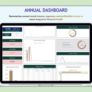 May include: A digital dashboard displaying annual financial data, including income, expenses, and profit. The screen shows charts and graphs with the text "ANNUAL DASHBOARD" and "YEAR 2023". The dashboard summarizes rental income and profitability trends.