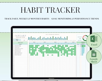 Habit Tracker Spreadsheet for Google Sheets & Excel, Daily Habit Planner, Weekly Goals, Monthly Routine