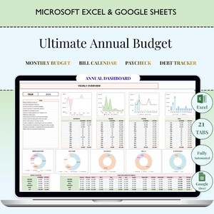 Peut inclure: Un ordinateur portable affichant une feuille de calcul intitulée "Ultimate Annual Budget". L'écran présente des graphiques et des tableaux pour le budget mensuel, le calendrier des factures, la paie et le suivi de la dette. Compatible avec Excel et Google Sheets.