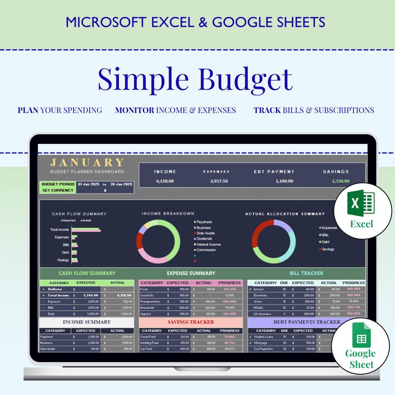 Simple Budget Planner | Excel & Google Sheets (digital Download) - Etsy