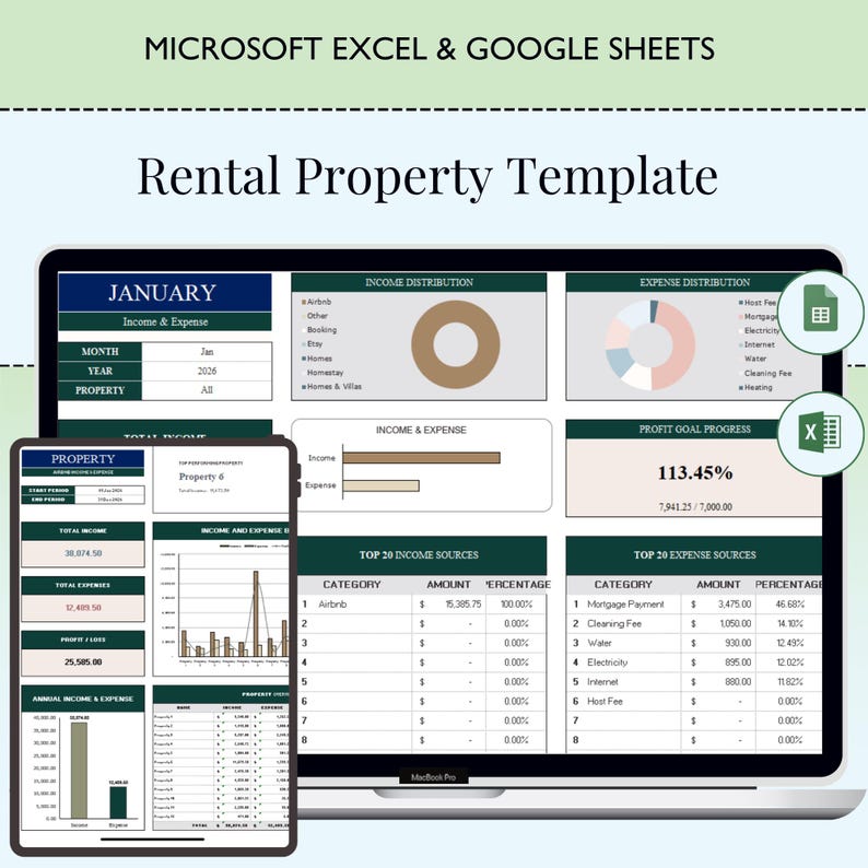 May include: A laptop and tablet display a rental property template for Microsoft Excel and Google Sheets. The template includes charts and tables for income, expenses, and profit analysis, with the text "Rental Property Template" at the top.