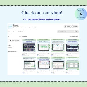 May include: Screenshot of an Etsy shop, "Fincsol," offering spreadsheets and templates. The shop's banner reads "Check out our shop!" and "For 10+ spreadsheets And templates." A circular graphic states "Save 50% on 2 or more."