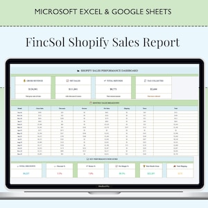 May include: A laptop screen displaying a Shopify sales report from FincSol. The report includes data on gross revenue, net sales, total refunds, and tax collected. The screen also shows monthly sales breakdowns and key performance indicators. The text "MICROSOFT EXCEL & GOOGLE SHEETS" is at the top.