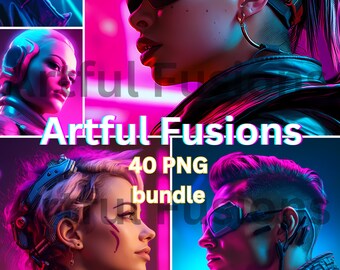 May include: A digital art composition featuring four portraits with a futuristic cyberpunk theme. The image includes the text "Artful Fusions" and "40 PNG bundle". The color palette is dominated by vibrant pinks, blues, and purples, creating a neon aesthetic.