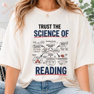 Op de afbeelding: Een crèmekleurig T-shirt met korte mouwen en de tekst "TRUST THE SCIENCE OF READING" in dikke marineblauwe letters. Onder de tekst staat een gedetailleerd educatief diagram dat het leesproces illustreert met diverse iconen.